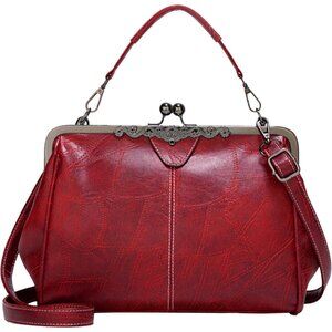 Women's Wine Red Vegan Leather Kiss Lock Satchel Evening Crossbody Clutch